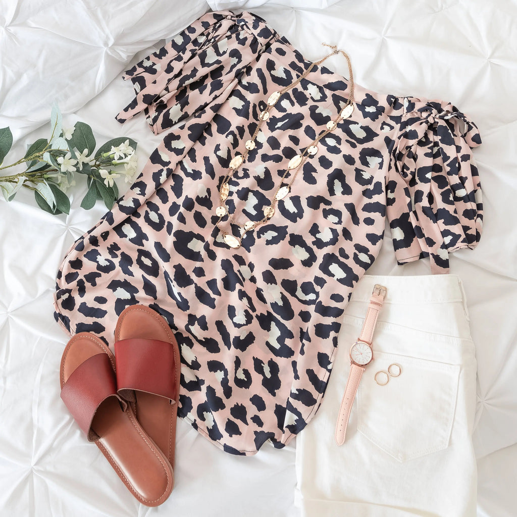 Little Dramatic Off and on Shoulders Pink Leopard Pattern Blouse 143 Story