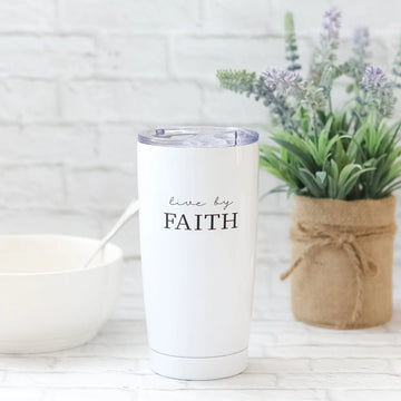 Live by Faith White Outside and Silver Aluminum Inside Tumbler Cottage Garden