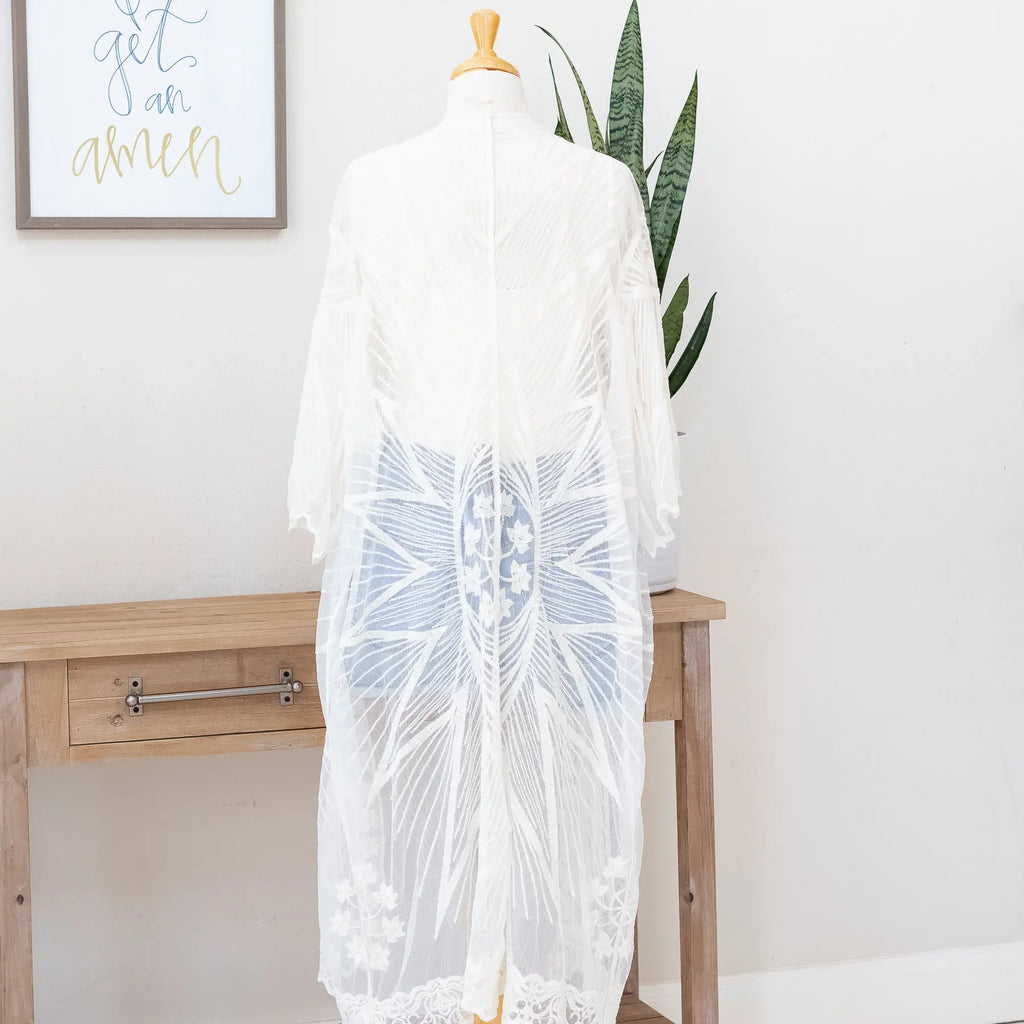 Long White Laced Kimono that is Timeless and Bursting with Detail Judson