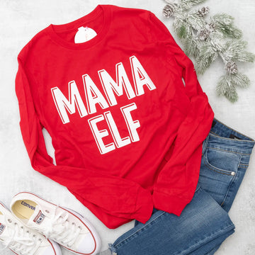 Mama Elf Graphic Tee with Long Sleeve Bright in Christmas Red Mud & Grace