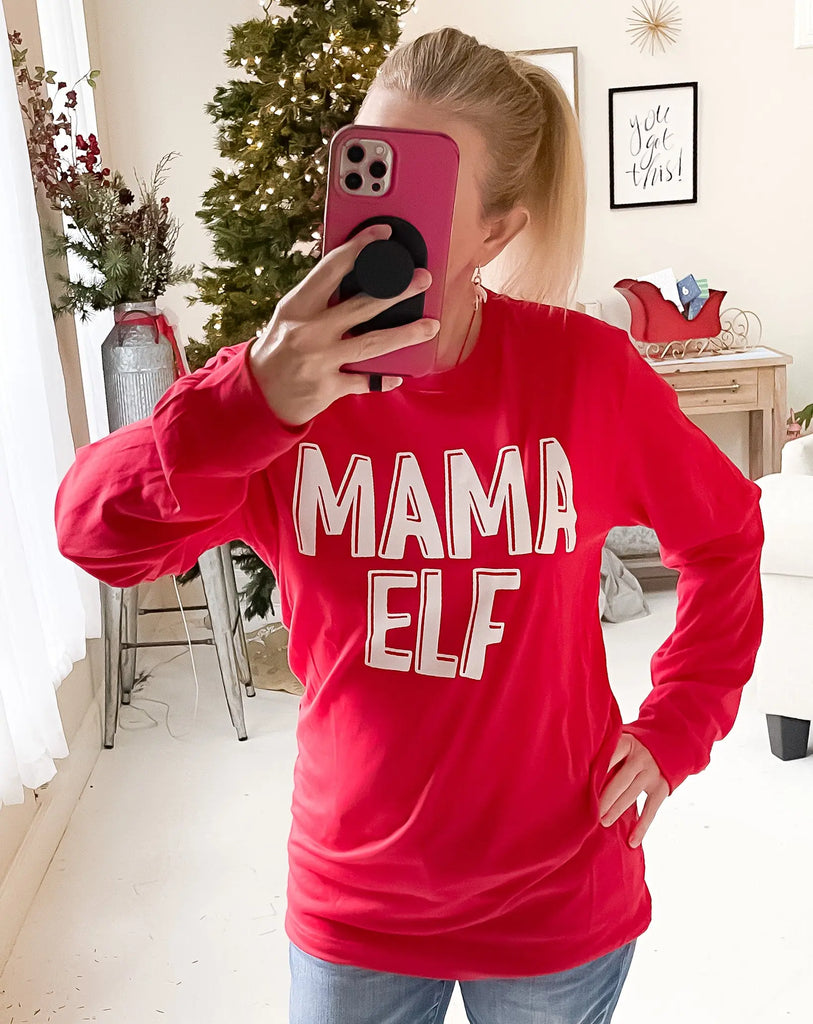 Mama Elf Long Sleeve Santa Red Graphic Tee Mud & Grace