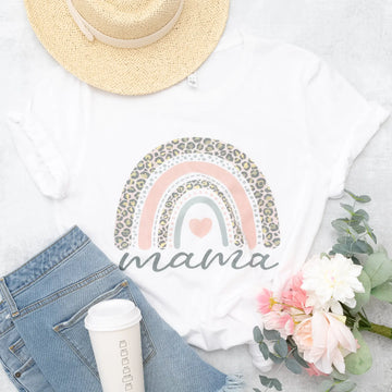 Mama Graphic Tee Cheetah, Rainbow with Heart in White with Short Sleeves Rockledge Designs