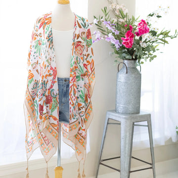 Painterly Floral Print Kimono in Festive Colors with Tassel Fringe Judson