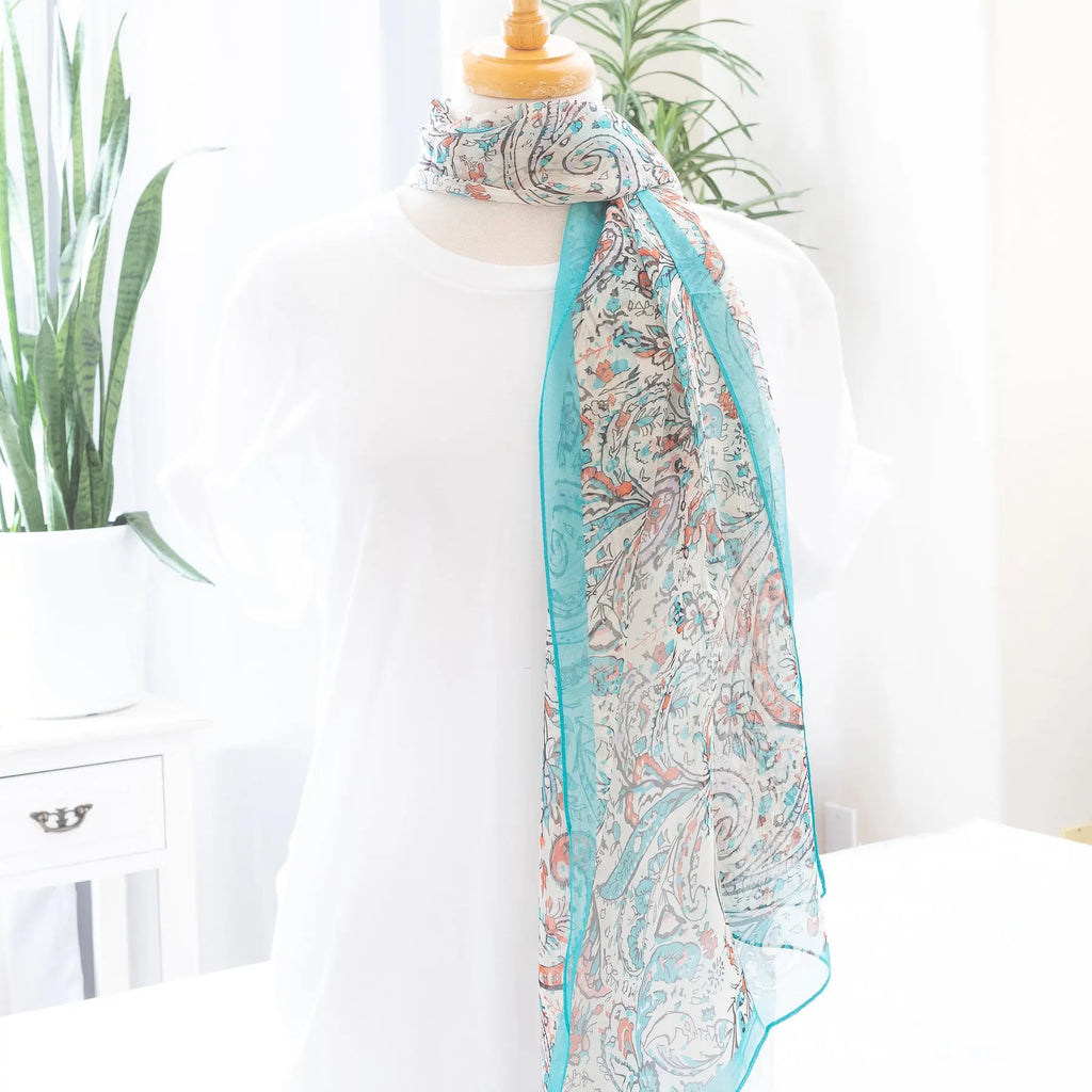 Paisley Print Chiffon Scarf in Turquoise Wrap Around in Medium Length Judson