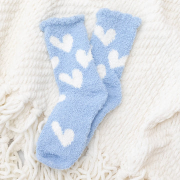 Plush Knit Socks Hearts Galor Blue Mid-Rise Super Snuggly Judson