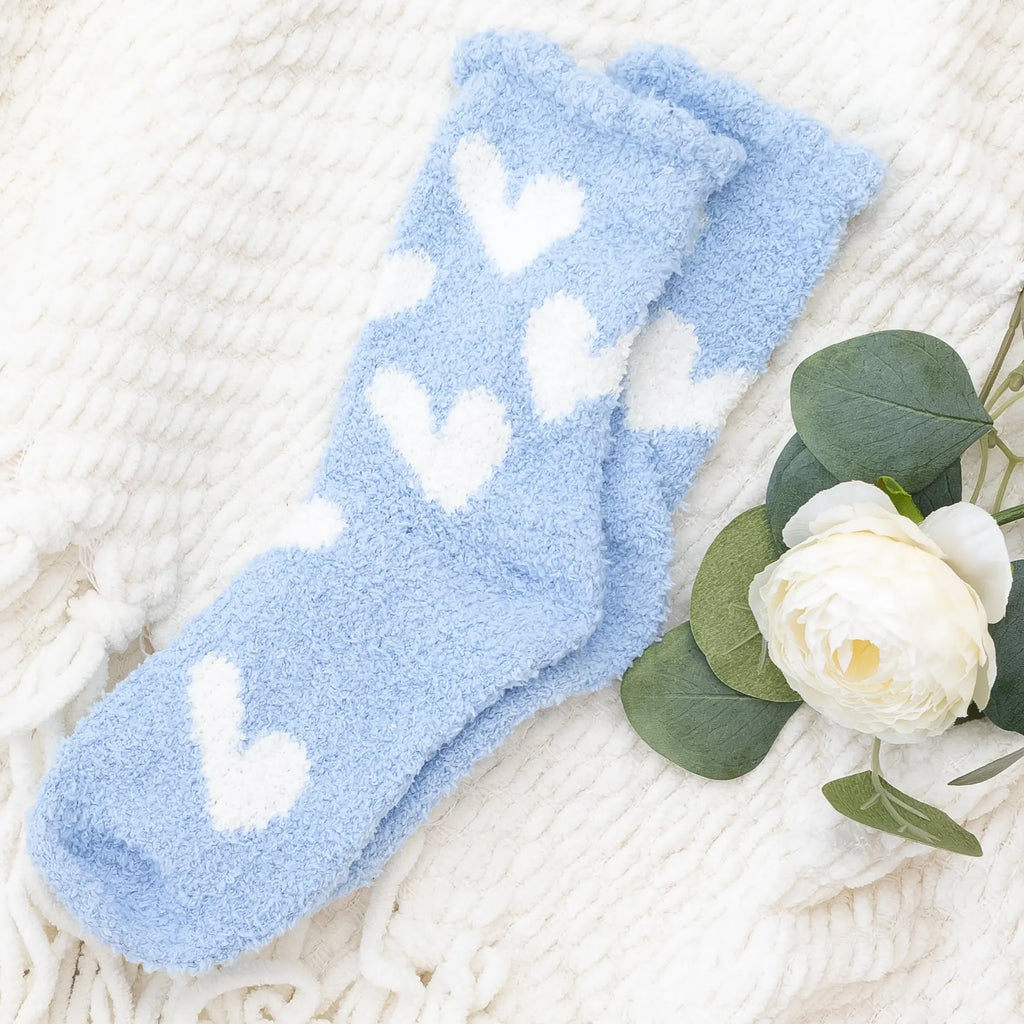 Plush Knit Socks Hearts Galor Blue Mid-Rise Super Snuggly Judson