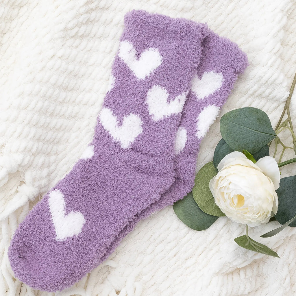 Plush Knit Socks Hearts Galor Purple Mid-Rise Super Snuggly Judson
