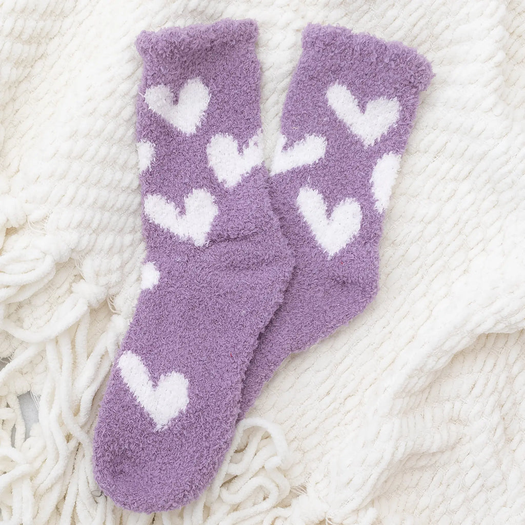 Plush Knit Socks Hearts Galor Purple Mid-Rise Super Snuggly Judson