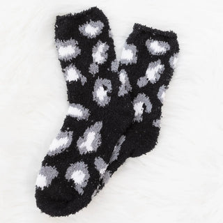 Plush Knit Socks Leopard Print Black Mid-Rise Super Snuggly Judson