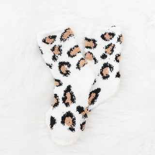 Plush Knit Socks Leopard Print White Mid-Rise Super Snuggly Judson