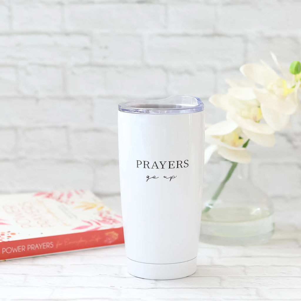 Prayers Go Up Blessing Come Down White Tumbler with Aluminum Inside Cottage Garden