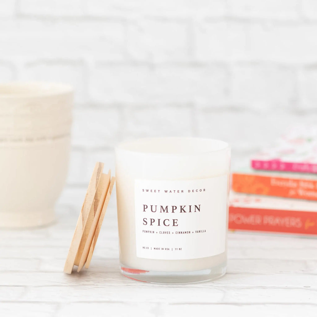 Pumpkin Spice Scented Soy Candle in a White Jar and Wooden Lid Sweet Water Decor