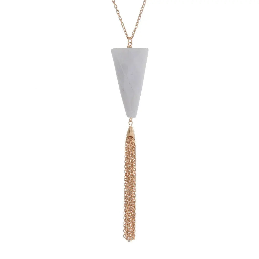 Pure White natural Stone Triangle Pendant Long Necklace Judson