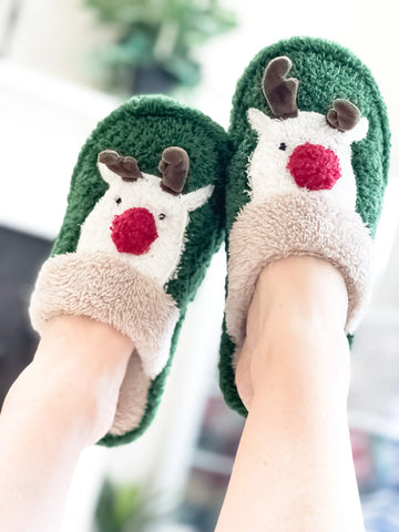 Reindeer with a Red Nose Slide on Slippers - Green Judson