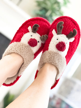 Reindeer with a Red Nose Slide on Slippers - Red Judson