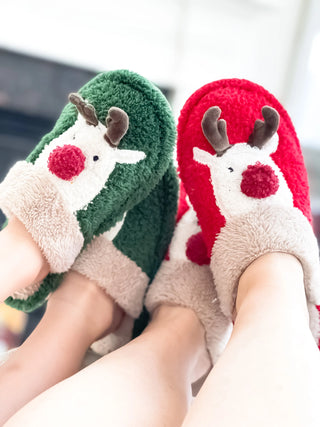 Reindeer with a Red Nose Slide on Slippers - Red Judson