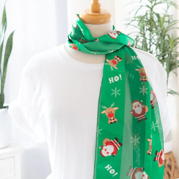 Santa Reindeer and Snowflake Scarf Green Opaque and Sheer Satin Judson