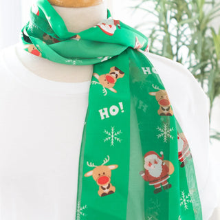 Santa Reindeer and Snowflake Scarf Green Opaque and Sheer Satin Judson
