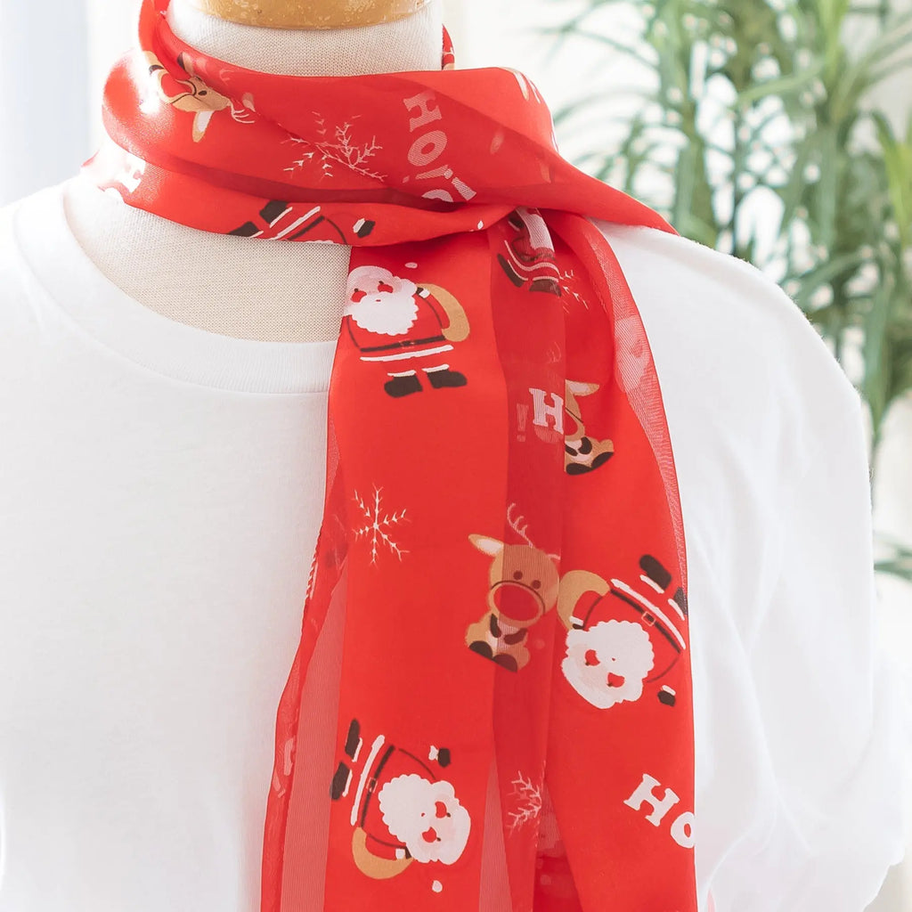 Santa Reindeer and Snowflake Scarf Red Opaque and Sheer Satin Judson