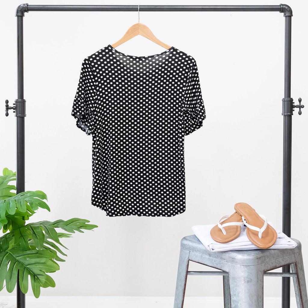 Sassy Scoop Neck-line Black and White Small Polka-dot Short Sleeve Top Annabelle