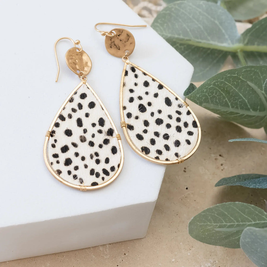 Saucy Dalmatian Print Earrings in Gold-tone Hammered Circle Tear Drop Judson