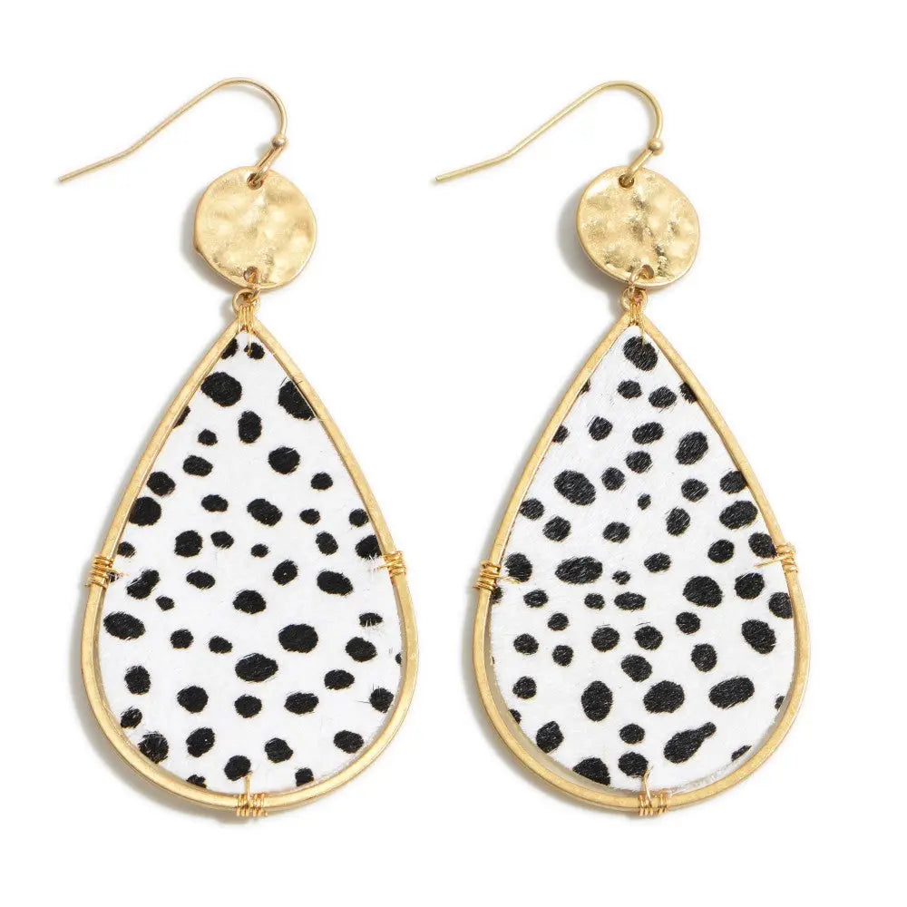 Saucy Dalmatian Print with Gold-tone Hammered Circle Tear Drop earrings Judson