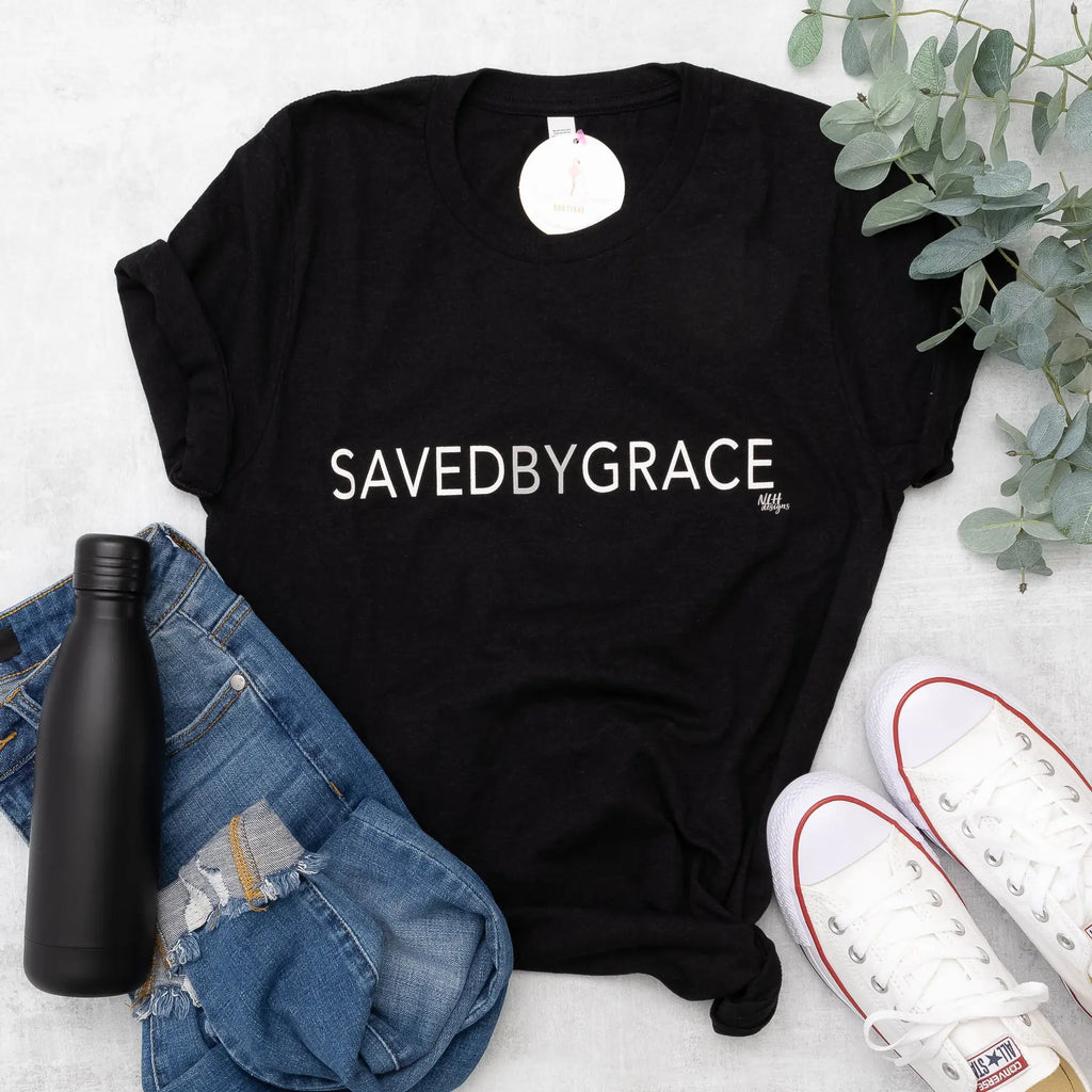 Saved By Grace Graphic Tee Short Sleeves in Dark Heather Black Never Lose Hope Designs