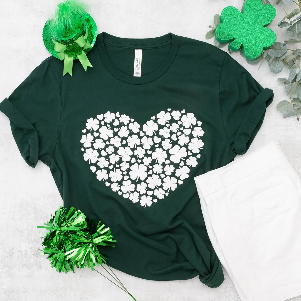 Shamrock Graphic Tee with Short Sleeve in a Heart in Evergreen Mud & Grace