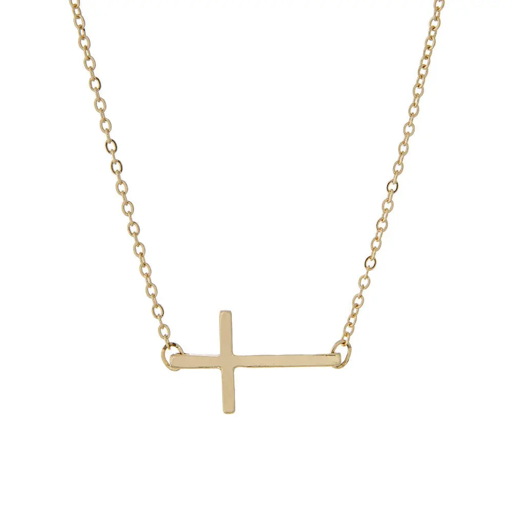 Side Cross Necklace in Gold-tone that is Short Length Judson