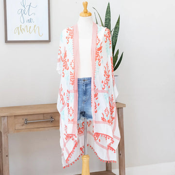 Soft Blush Patterned Kimono with Dainty Pom Pom Accents Judson
