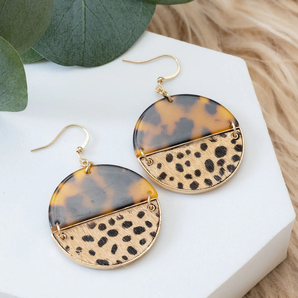 Speckled Earrings in Genuine Leather Cheetah Print and Tortoise Circle Judson