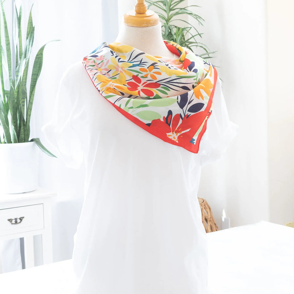 Tropical Floral Print Satin Scarf in Red Neck Length Wrap Judson