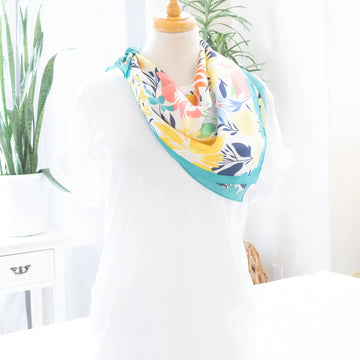 Tropical Floral Print Satin Scarf in Turquoise Neck Length Wrap Judson