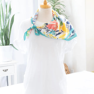 Tropical Floral Print Satin Scarf in Turquoise Neck Length Wrap Judson