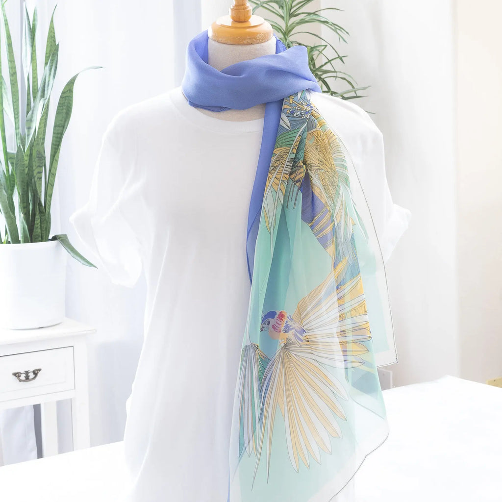 Tropical Print Chiffon Scarf Blue with Bird Accent Wrap Medium Length Judson