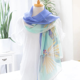 Tropical Print Chiffon Scarf Blue with Bird Accent Wrap Medium Length Judson