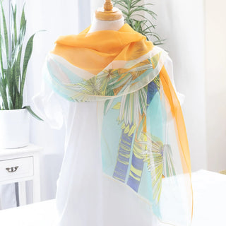 Tropical Print Chiffon Scarf Yellow with Bird Accent Wrap Medium Length Judson