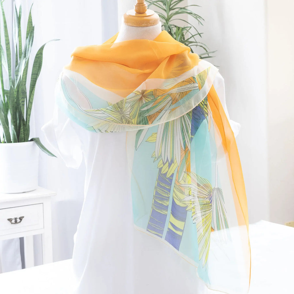 Tropical Print Chiffon Scarf Yellow with Bird Accent Wrap Medium Length Judson