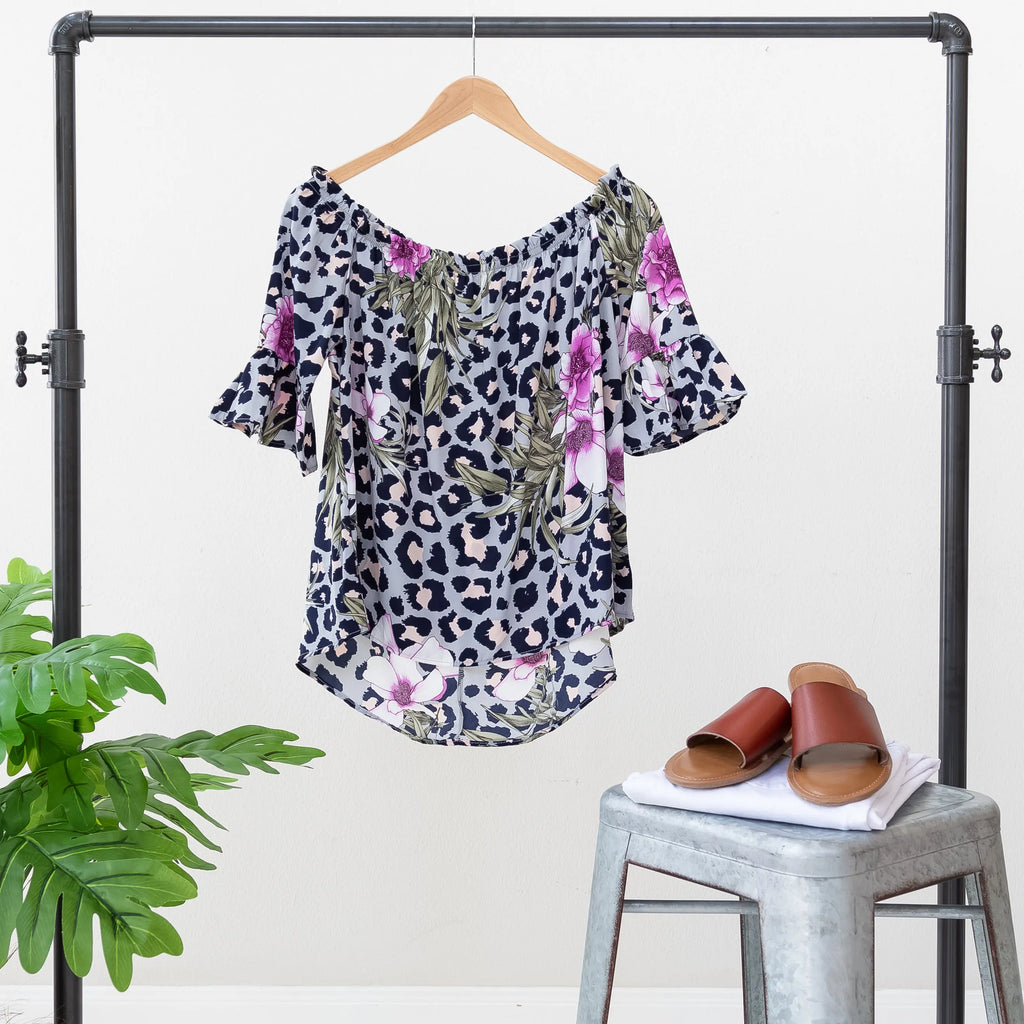 Vibrant on or off Shoulder Floral and Cheetah Short Sleeve Polyester Blouse 143 Story