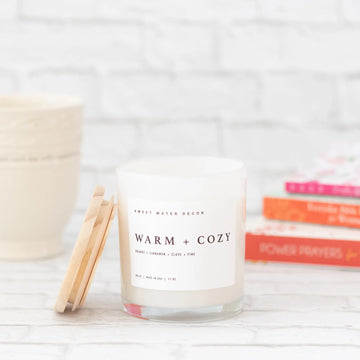 Warm & Cozy Scented Soy Wax Candle in a White Jar and Wooden Lid Sweet Water Decor