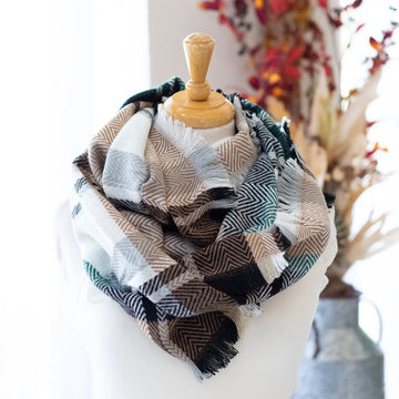 Warmer Hue-tone Plaid Infinity Scarf with Frayed Edges Judson