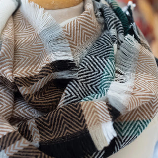 Warmer Hue-tone Plaid Infinity Scarf with Frayed Edges Judson