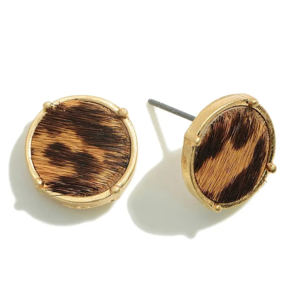 Wild Gold-tone Round Animal Print Incased Leather earrings Judson