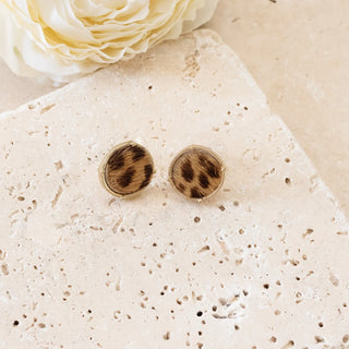 Wild Round Animal Print Earrings Incased Leather in Gold Tone Judson