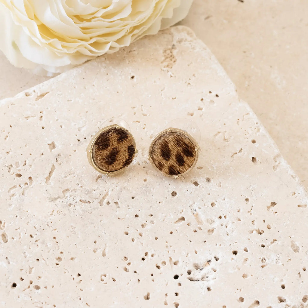 Wild Round Animal Print Earrings Incased Leather in Gold Tone Judson