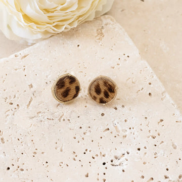 Wild Round Animal Print Earrings Incased Leather in Gold Tone Judson